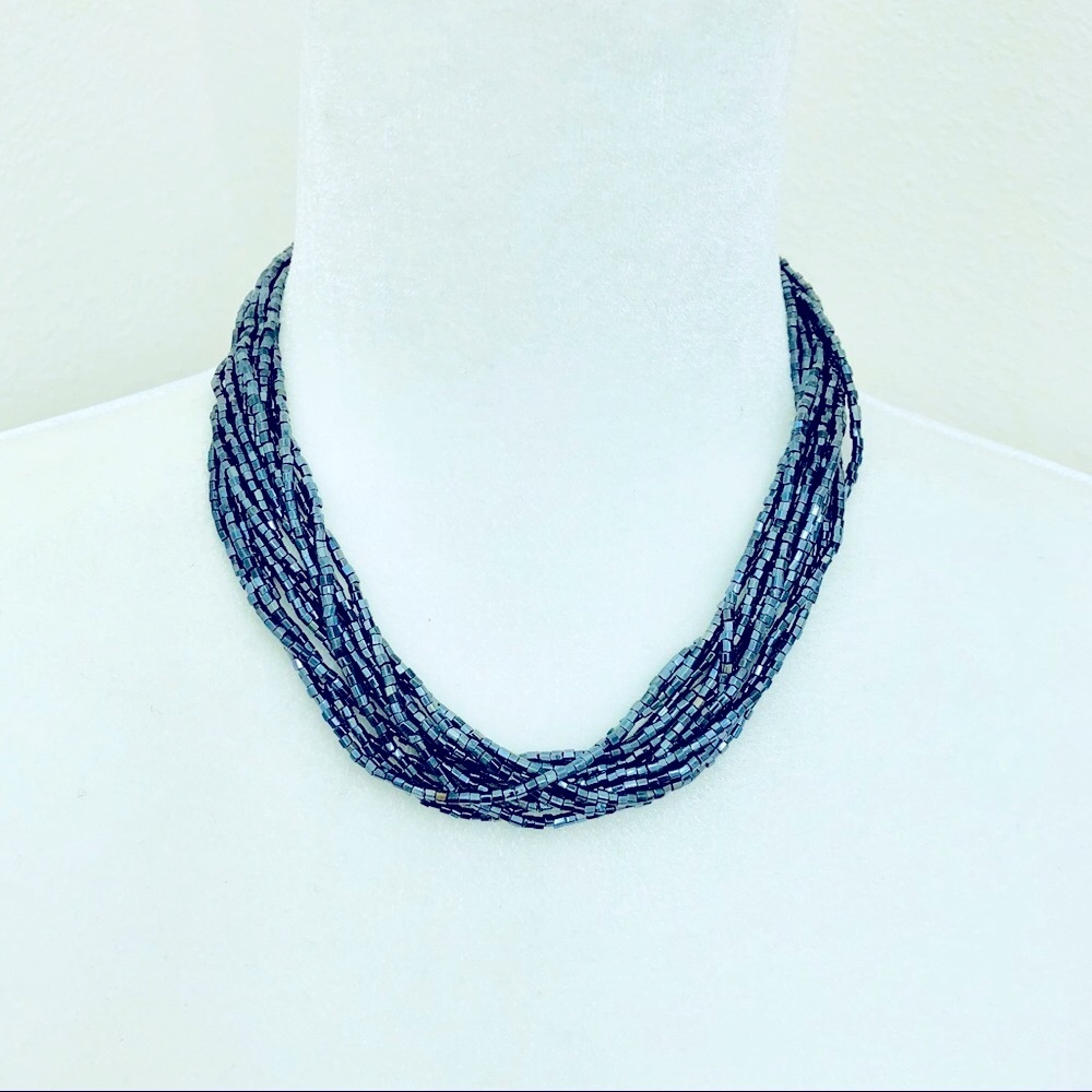 Blue Grey Chrome Glass Beads Necklace